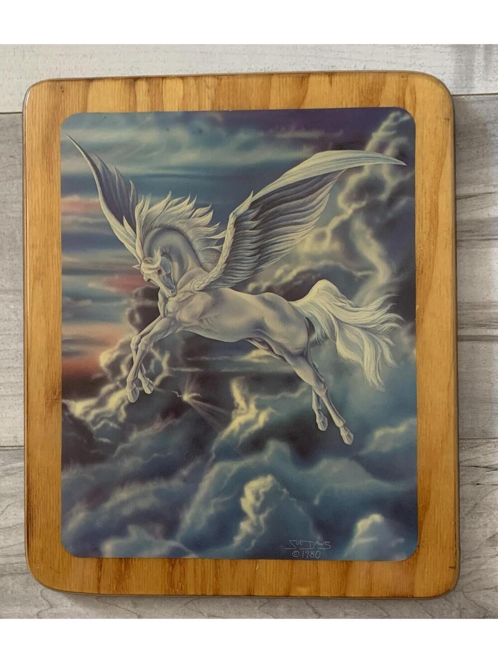 Vtg Sue Dawe Unicorn Pegasus Lacquered 1980 Wall Art Wooden Plaque Mystical